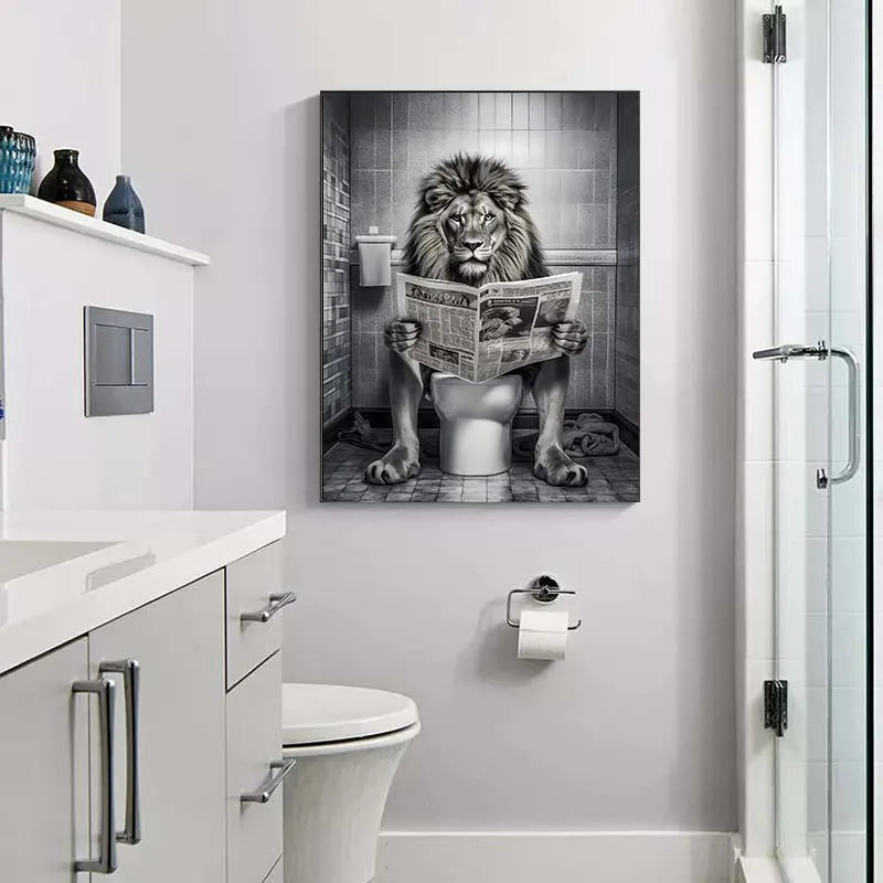 Black and White Lion Cow Sitting on Toilet Reading Newspaper Poster Modern Bathroom Wall Art Picture Canvas Print Home Decor