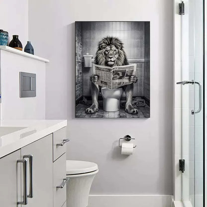 Black and White Lion Cow Sitting on Toilet Reading Newspaper Poster Modern Bathroom Wall Art Picture Canvas Print Home Decor