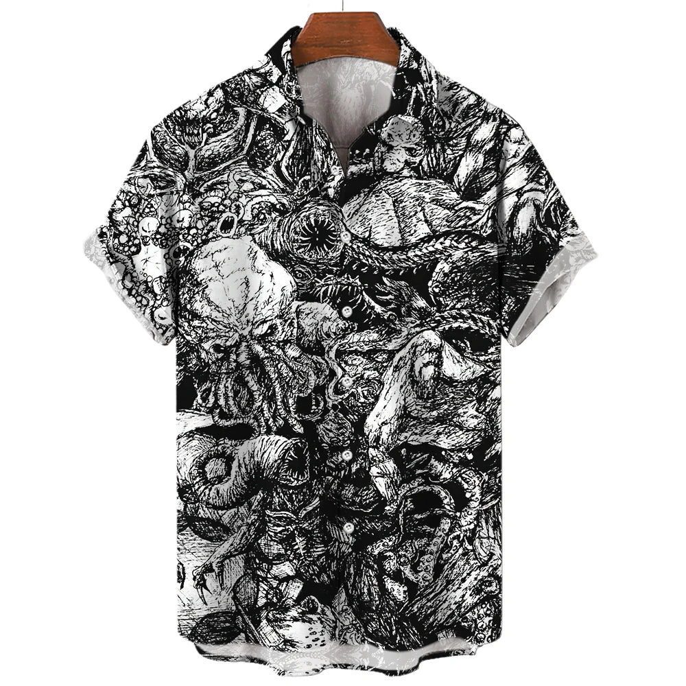 Japanese Anime Pattern Shirts 2023 Summer New men's Shirt 3D Printing Horror Print Hawaiian Clothing Personalized Design Men Top