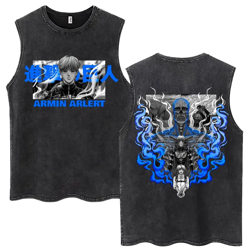 Anime Attack on Titan Eren Jaeger Graphic Vintage Washed Tank Tops Y2k Summer  Loose water washed vest for both men and women