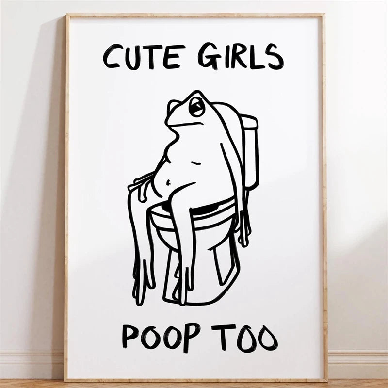Black and White Humor Poster A Frog Sitting on The Toilet Print Canvas Painting Minimalist Wall Art Picture for Home Decoration