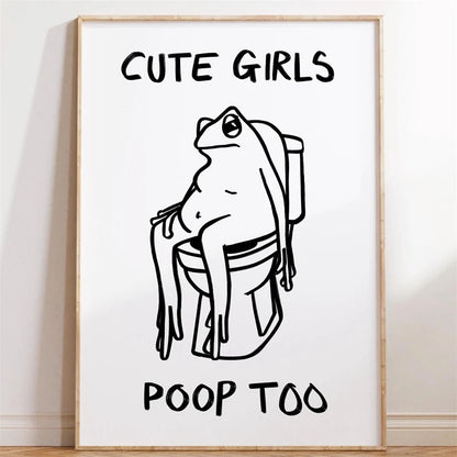 Black and White Humor Poster A Frog Sitting on The Toilet Print Canvas Painting Minimalist Wall Art Picture for Home Decoration
