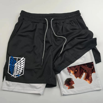 Attack on Titan Anime Collaboration Printing 2-in-1 Sports Shorts Summer New Men's and Women's Fitness Running Leggings Shorts