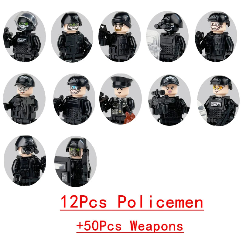Military Special Forces SWAT Gangster Jeeps Off-Road Vehicle Assault Boat Model Soldier Weapons Building Block Toy For Children