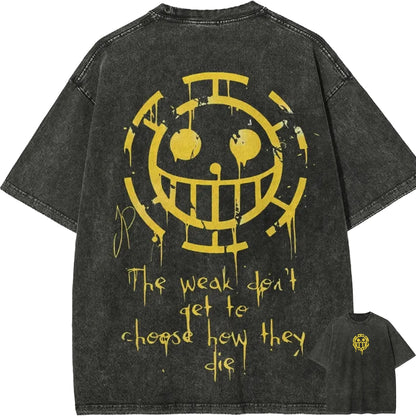 Trafalgar Law T Shirt One Piece Heart Pirates Vintage Acid Wash Streetwear Oversized Retro Anime Graphic Cotton Tees