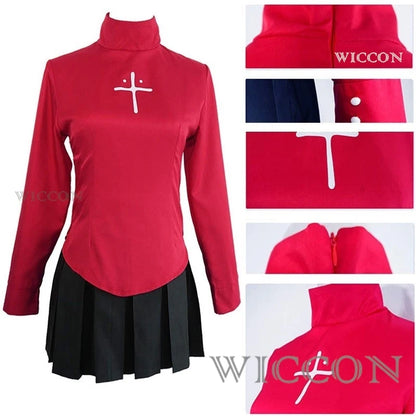 Fate Stay Night Tohsaka Rin Cosplay Costume Long Wig Red Black Skirt
