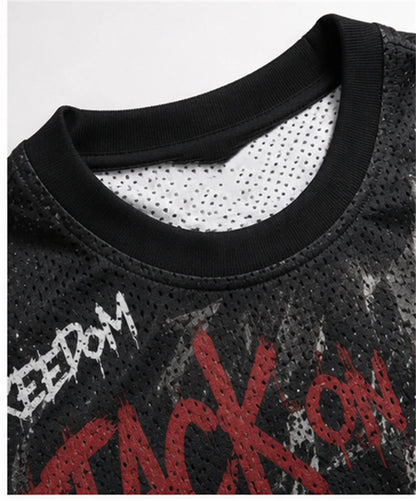Attack On Titan Eren Anime Graffiti Mesh T Shirt For Men Women Fans Loose Breathable Hip Hop Streetwear Short Sleeve Top