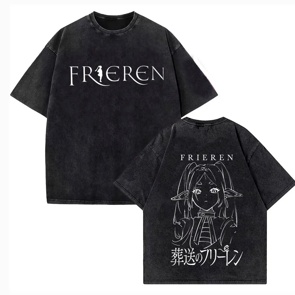 2026 Japanese Anime Frieren Beyond Journey's End T Shirt Vintage Washed T-Shirt Men's Clothing Short Sleeve Cotton Tee Tops