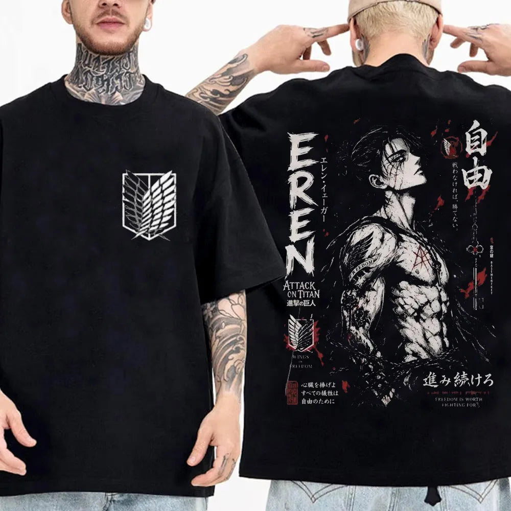 Attack on Titan Streetwear Men's T Shirt Eren Yeager Shingeki No Kyojin Anime 100% Cotton Women Tops Tees Casual High Quality
