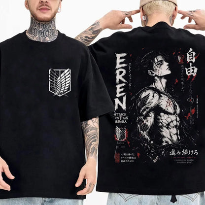 Attack on Titan Streetwear Men's T Shirt Eren Yeager Shingeki No Kyojin Anime 100% Cotton Women Tops Tees Casual High Quality