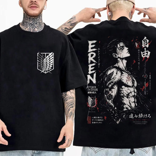 Attack on Titan Streetwear Men's T Shirt Eren Yeager Shingeki No Kyojin Anime 100% Cotton Women Tops Tees Casual High Quality