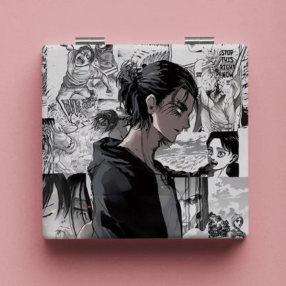 Attack on Titan Cute Double Sided Handheld Makeup Mirror, Eren Mikasa Levi Portable Pocket Cosmetic Mirror for Travel Outdoor