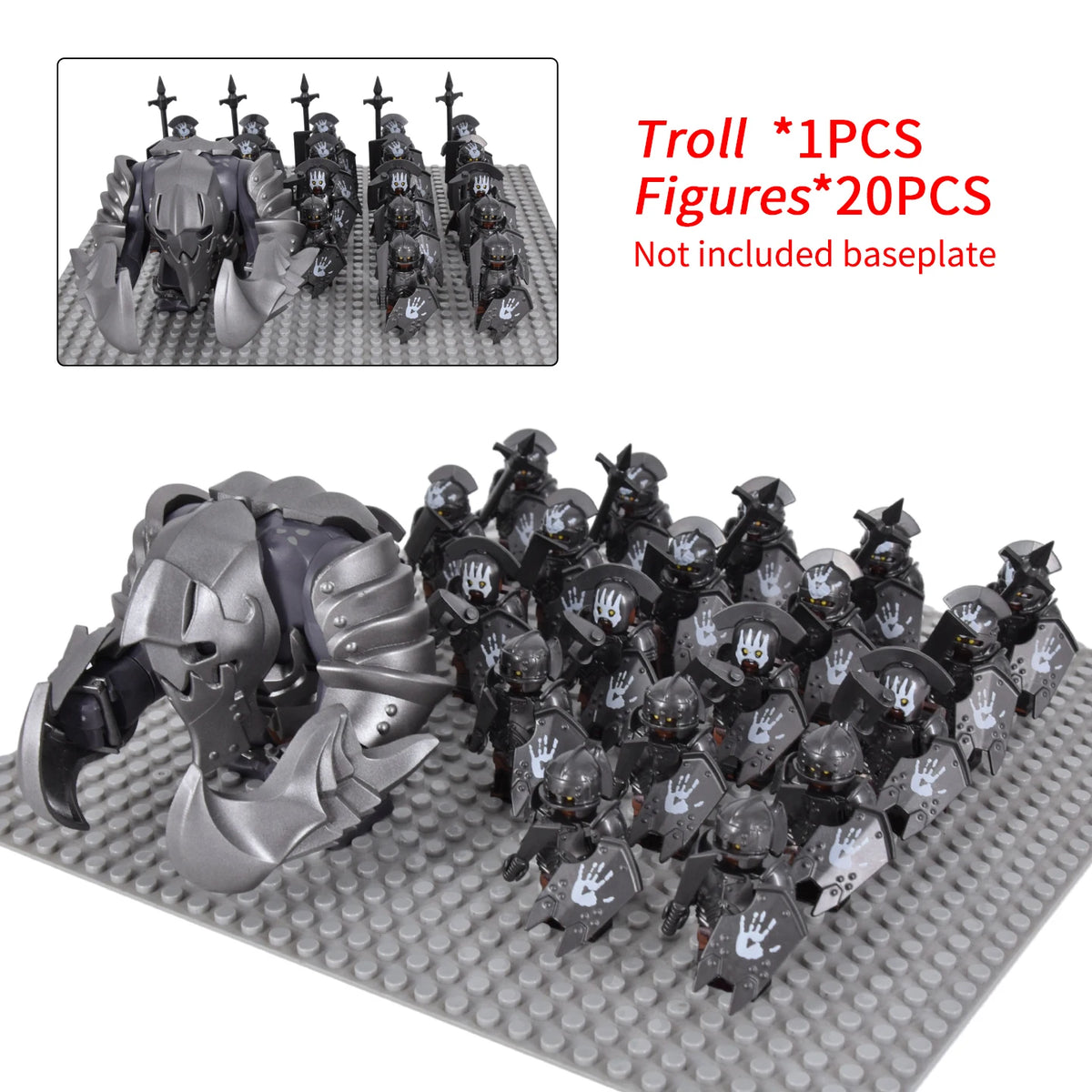 Giant Troll Monster 20Pcs Armored Orc Infantry Figures Medieval Army Building Bricks, Removable Shield Scene Collectible Toy﻿﻿