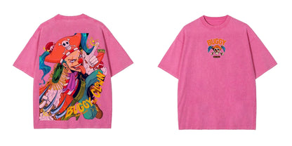 Vintage Washed ONE PIECE Buggy The Clown T-shirt Old Loose Animation Print Street Style Short Sleeve Summer Men's Women's Tops