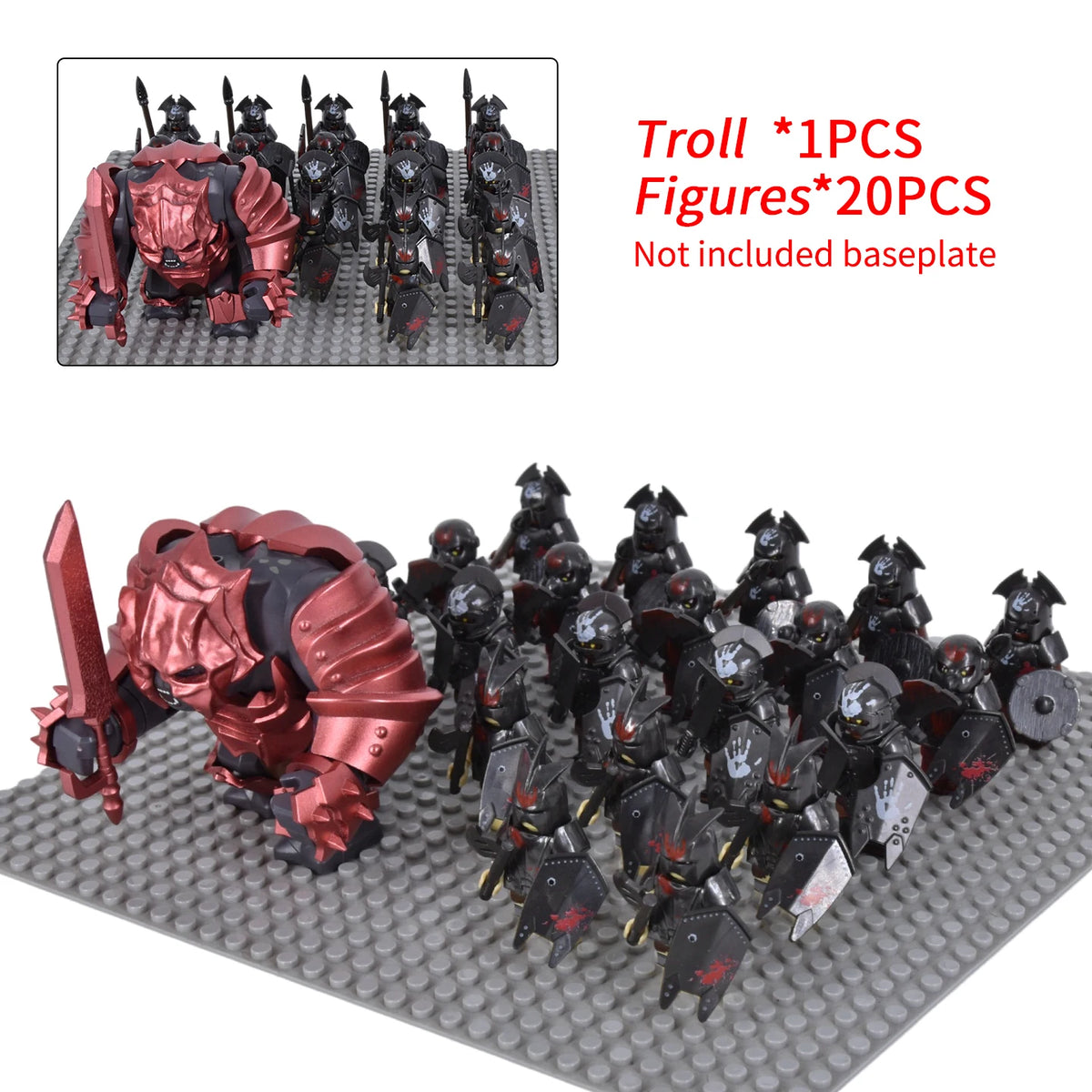 Giant Troll Monster 20Pcs Armored Orc Infantry Figures Medieval Army Building Bricks, Removable Shield Scene Collectible Toy﻿﻿