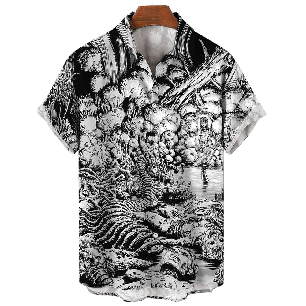Japanese Anime Pattern Shirts 2023 Summer New men's Shirt 3D Printing Horror Print Hawaiian Clothing Personalized Design Men Top