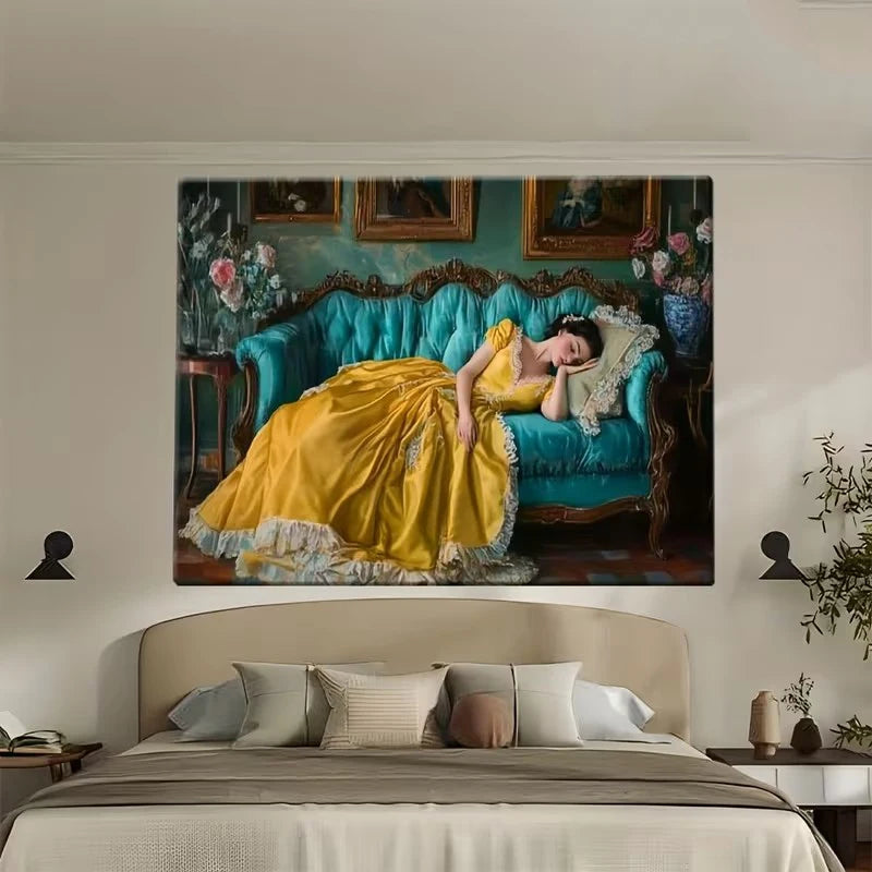 Classical Woman in Yellow Dress Reclines on Green Sofa Poster Prints Canvas Painting Wall Art Picture for Living Room Home Decor