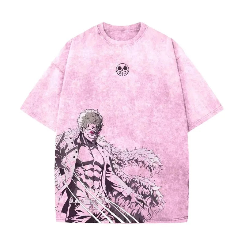 ONE PIECE 2026 New Hot Doflamingo Men Harajuku Washed T-shirt Anime Summer Cotton Fitness Vintage Street Oversized Women Casual