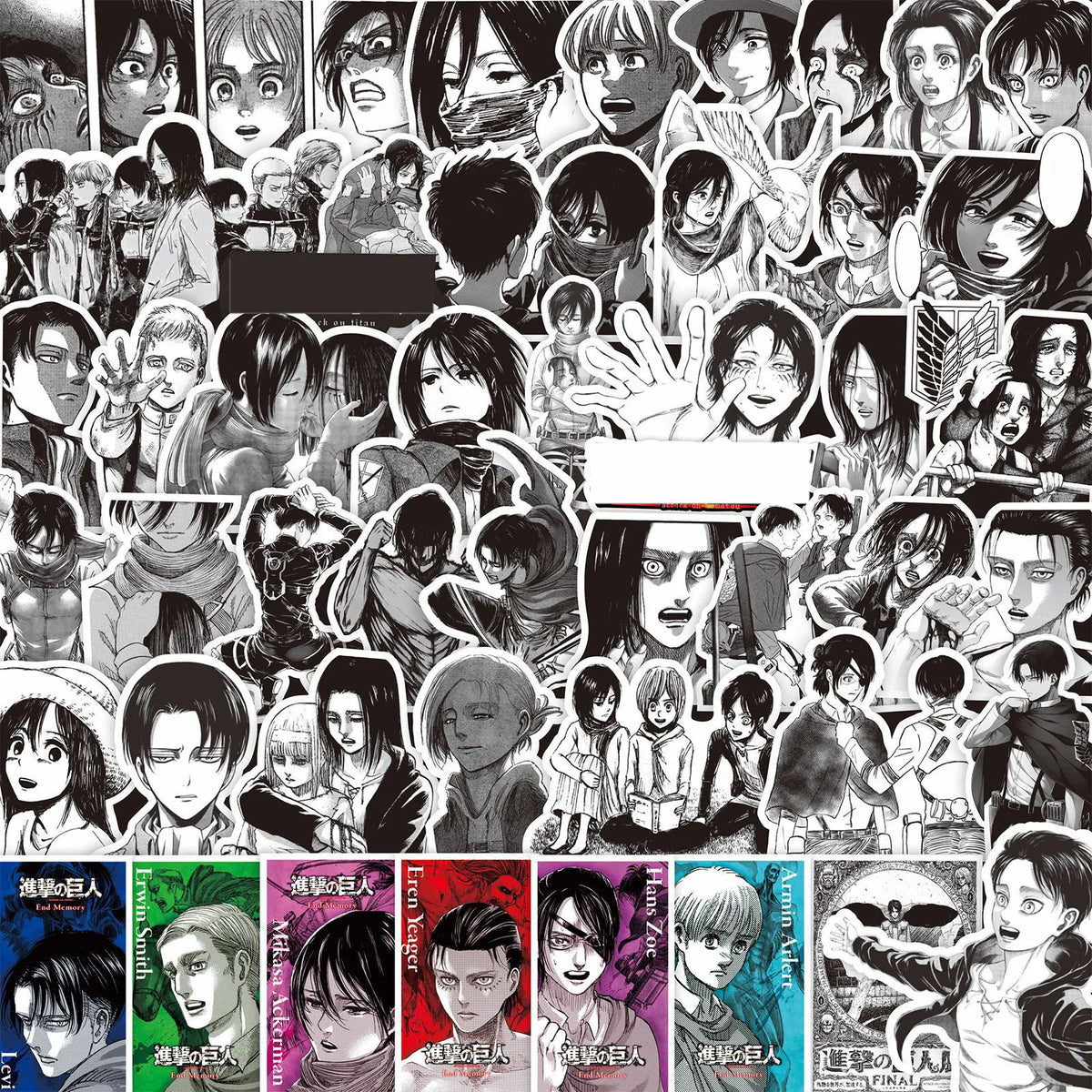 New 75PCS Black and White Attack on Titan Stickers Anime Cartoon Decals DIY Stationery Skateboard Waterproof Cool Sticker Toy