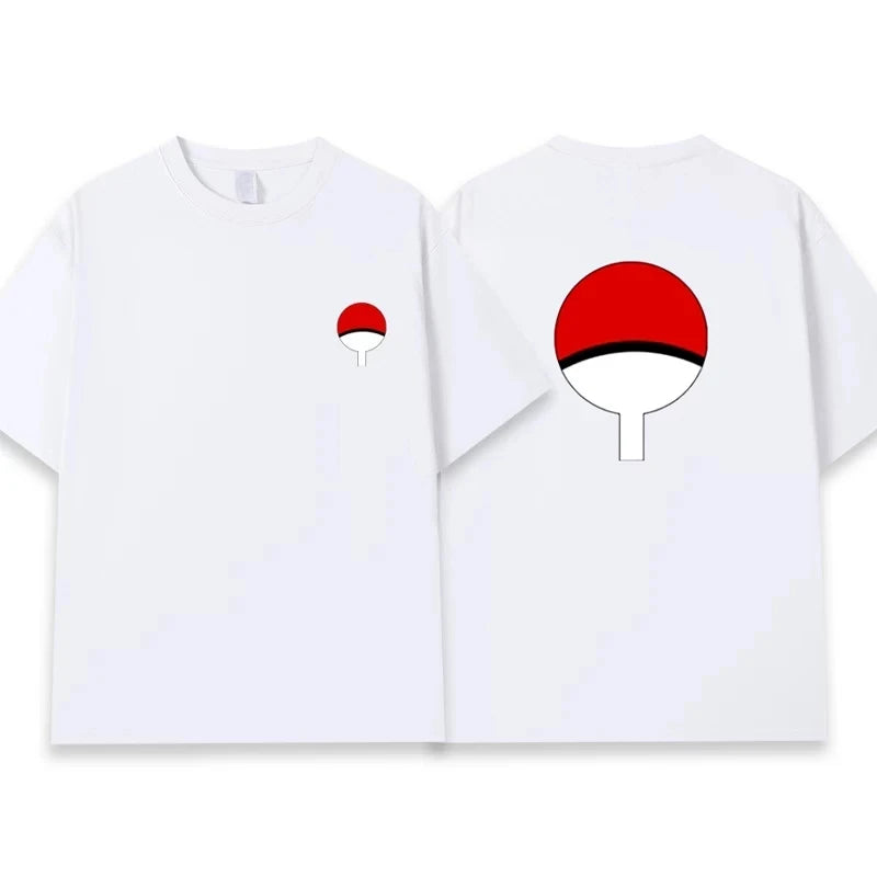 Naruto Uchiha Clan Symbol T-Shirt for Men Women, Front Back Print Minimalist Anime Casual Oversized Streetwear Black Tee