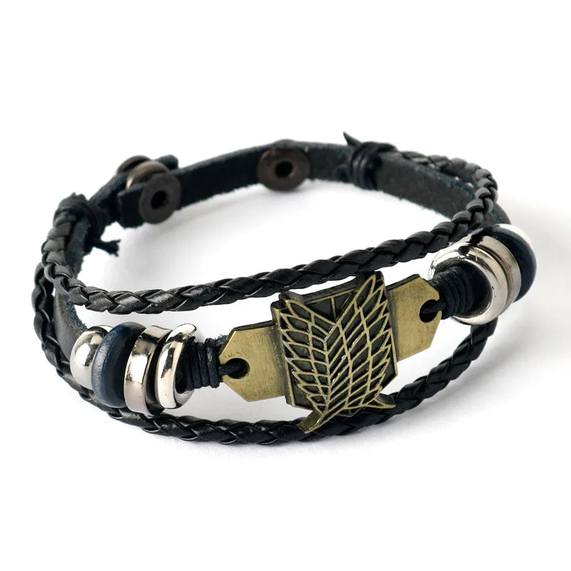 Anime Cartoon Action Attack On Titan - Investigation Corps Logo Bracelet - Leather Weaving Handpiece Boys Birthday Gift