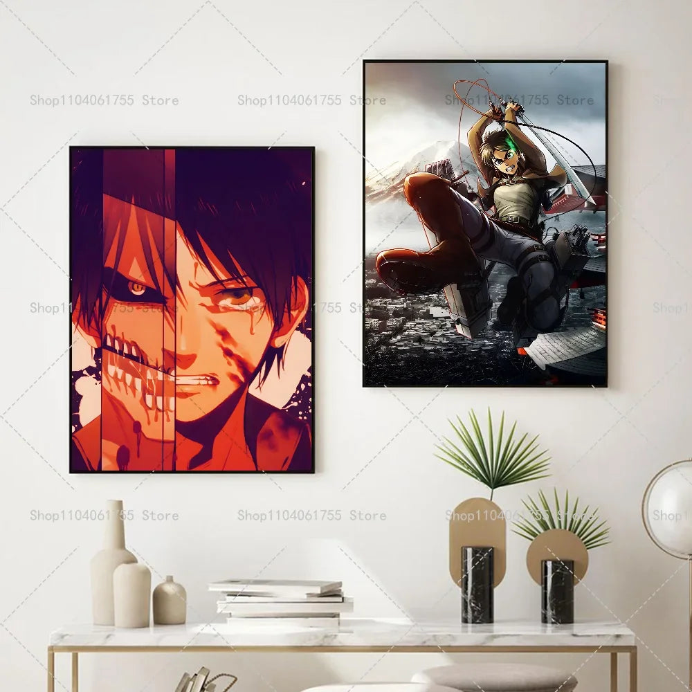1PC Anime Attack On Titan Eren Jeager Poster Self-adhesive Art Waterproof Paper Sticker Coffee House Bar Room Wall Decor