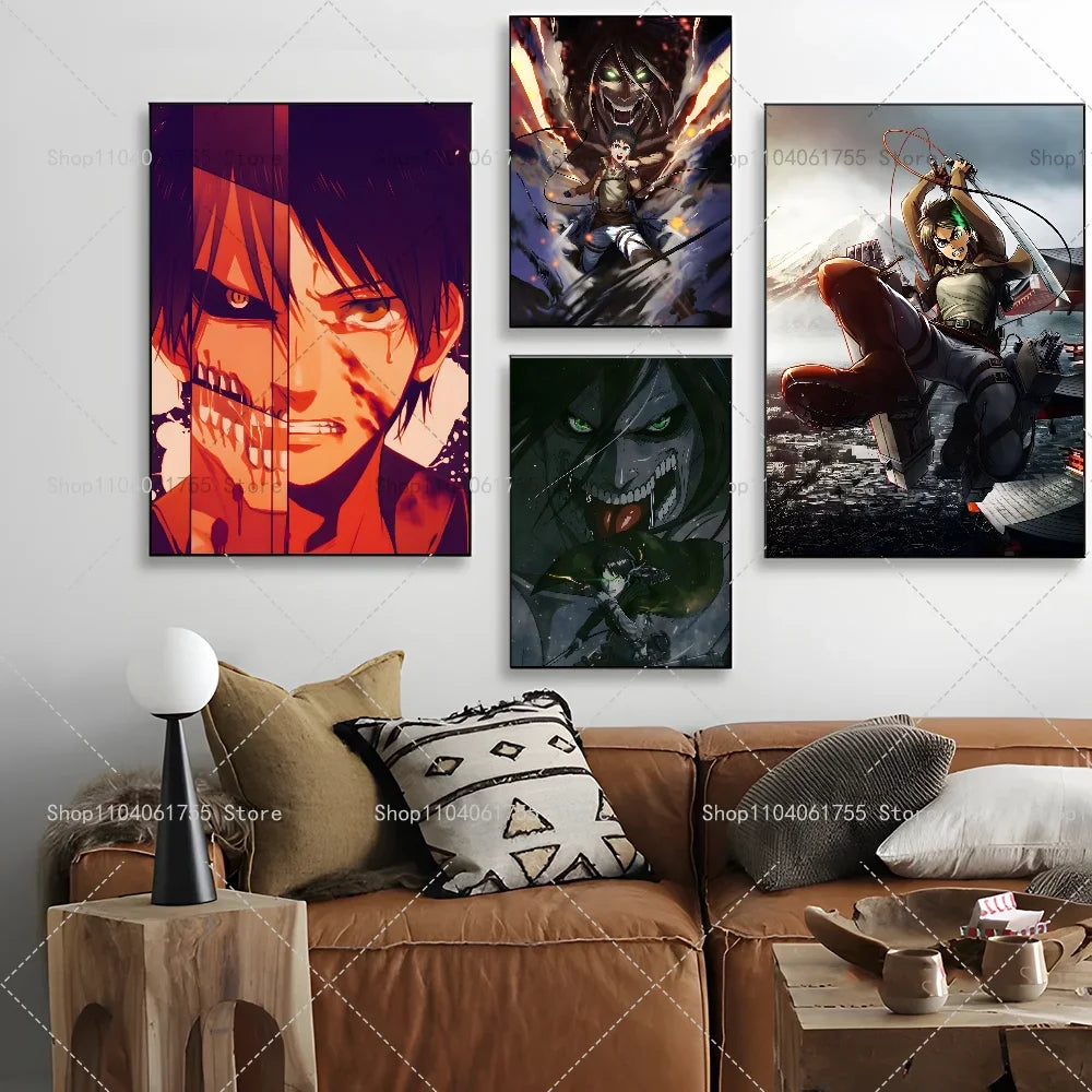 1PC Anime Attack On Titan Eren Jeager Poster Self-adhesive Art Waterproof Paper Sticker Coffee House Bar Room Wall Decor