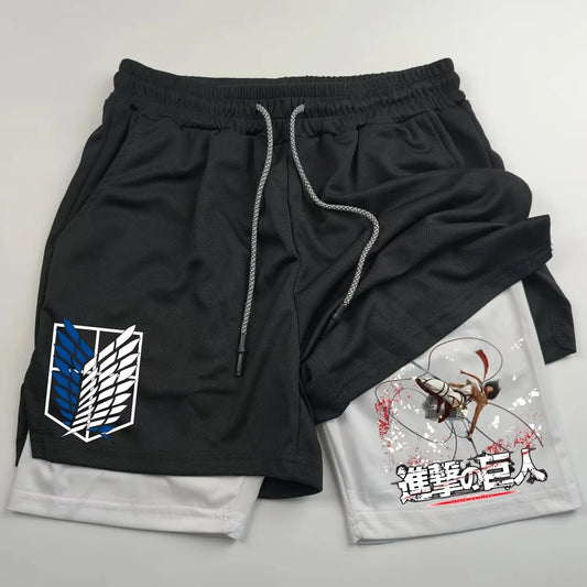 Attack on Titan Anime Collaboration Printing 2-in-1 Sports Shorts Summer New Men's and Women's Fitness Running Leggings Shorts