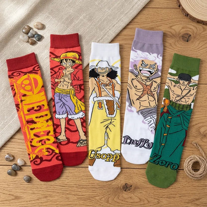 Unisex One Piece Anime Crew Socks Luffy Zoro Gear 5 Cotton Cartoon Streetwear Hosiery for Fans