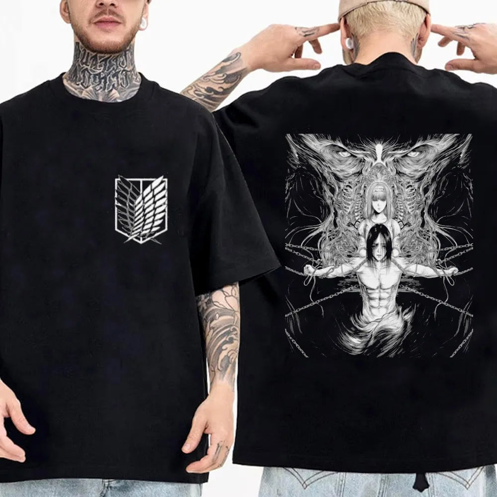 Attack on Titan Streetwear Men's T Shirt Eren Yeager Shingeki No Kyojin Anime 100% Cotton Women Tops Tees Casual High Quality