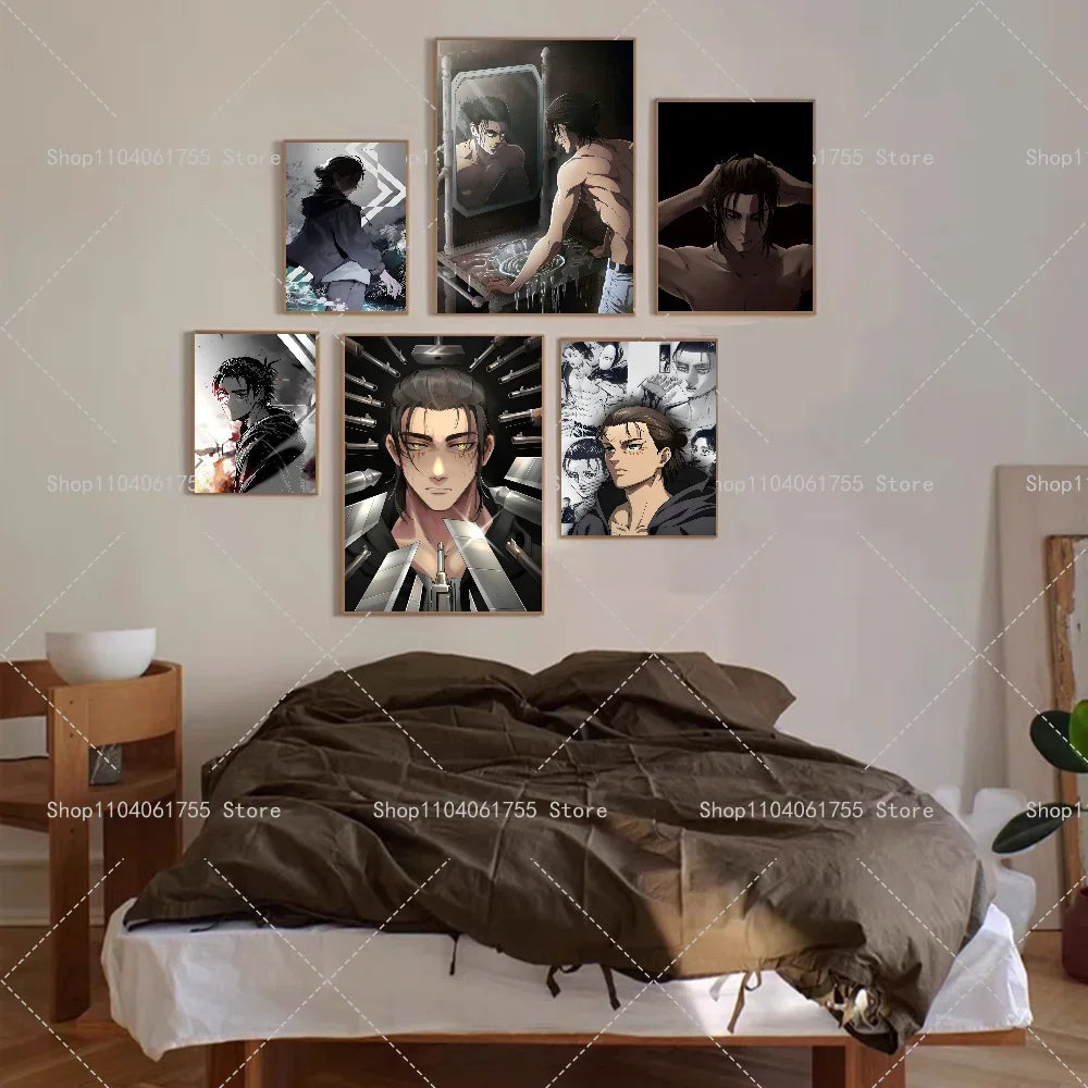 1PC Anime Attack On Titan Eren Jeager Poster Self-adhesive Art Waterproof Paper Sticker Coffee House Bar Room Wall Decor