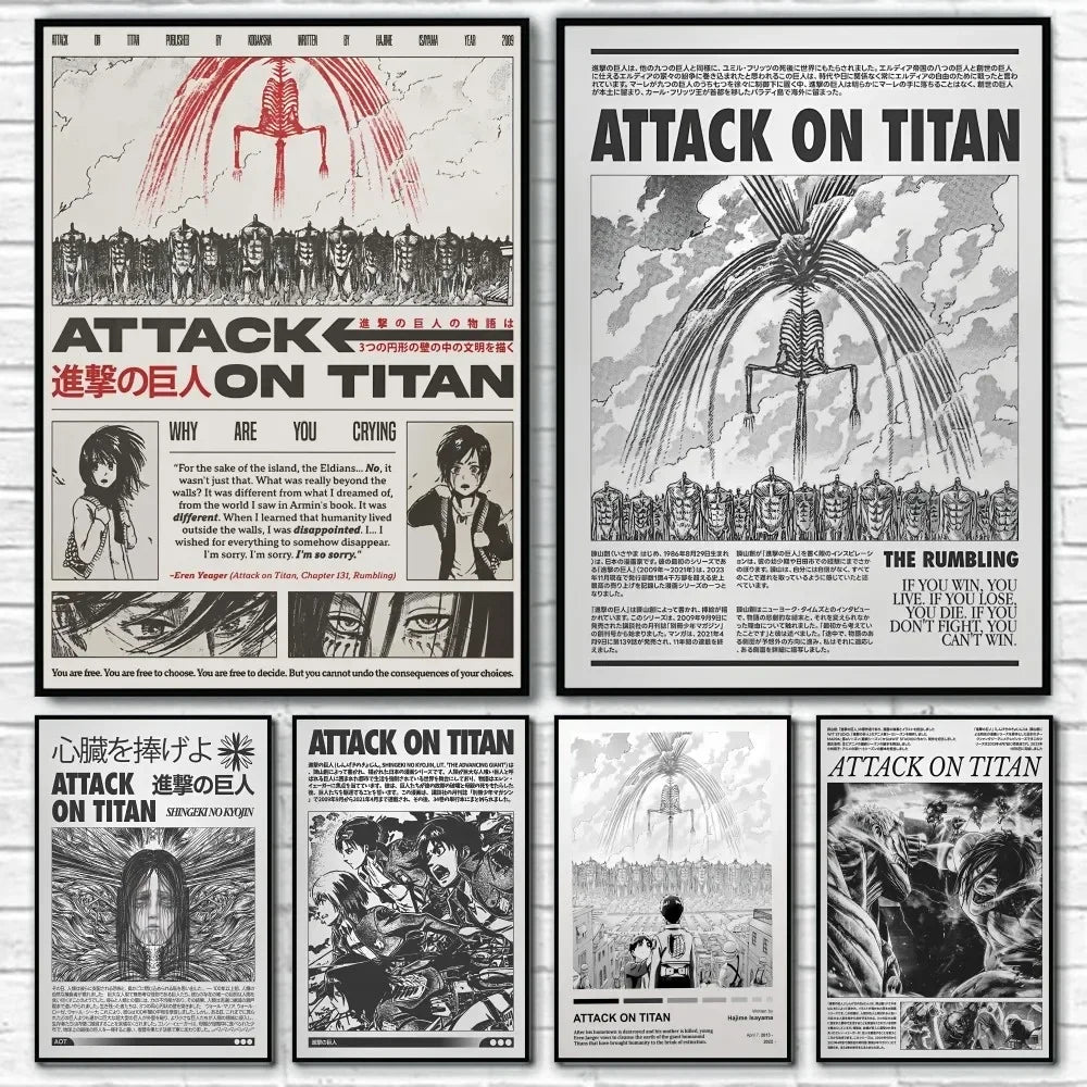 Attack on Titan Japanese Manga Poster Waterproof Sticky Wall Art for Living Room Bedroom Bar Hallway Decor