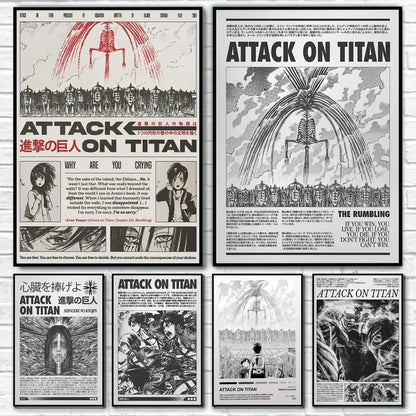 Attack on Titan Japanese Manga Poster Waterproof Sticky Wall Art for Living Room Bedroom Bar Hallway Decor