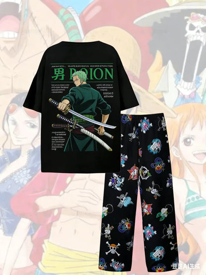 2026 New One Piece Monkey D. Luffy Straw Hat Print Pajama Set T-shirt & Pants Unisex Anime Sleepwear Soft Breathable Loungewear