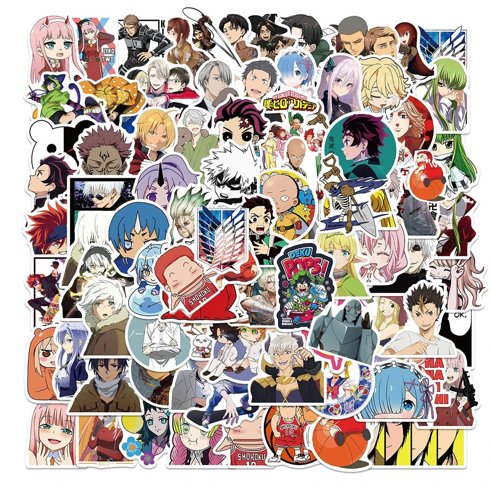 50/100pcs Cartoon Mix Anime Stickers Attack On Titan Jujutsu Kaisen Decals Skateboard Laptop Car Motorcycle Waterproof Sticker