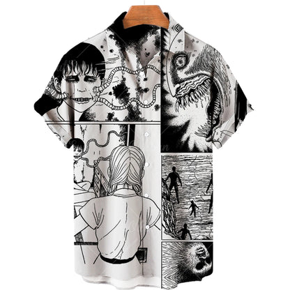 Japanese Anime Pattern Shirts 2023 Summer New men's Shirt 3D Printing Horror Print Hawaiian Clothing Personalized Design Men Top