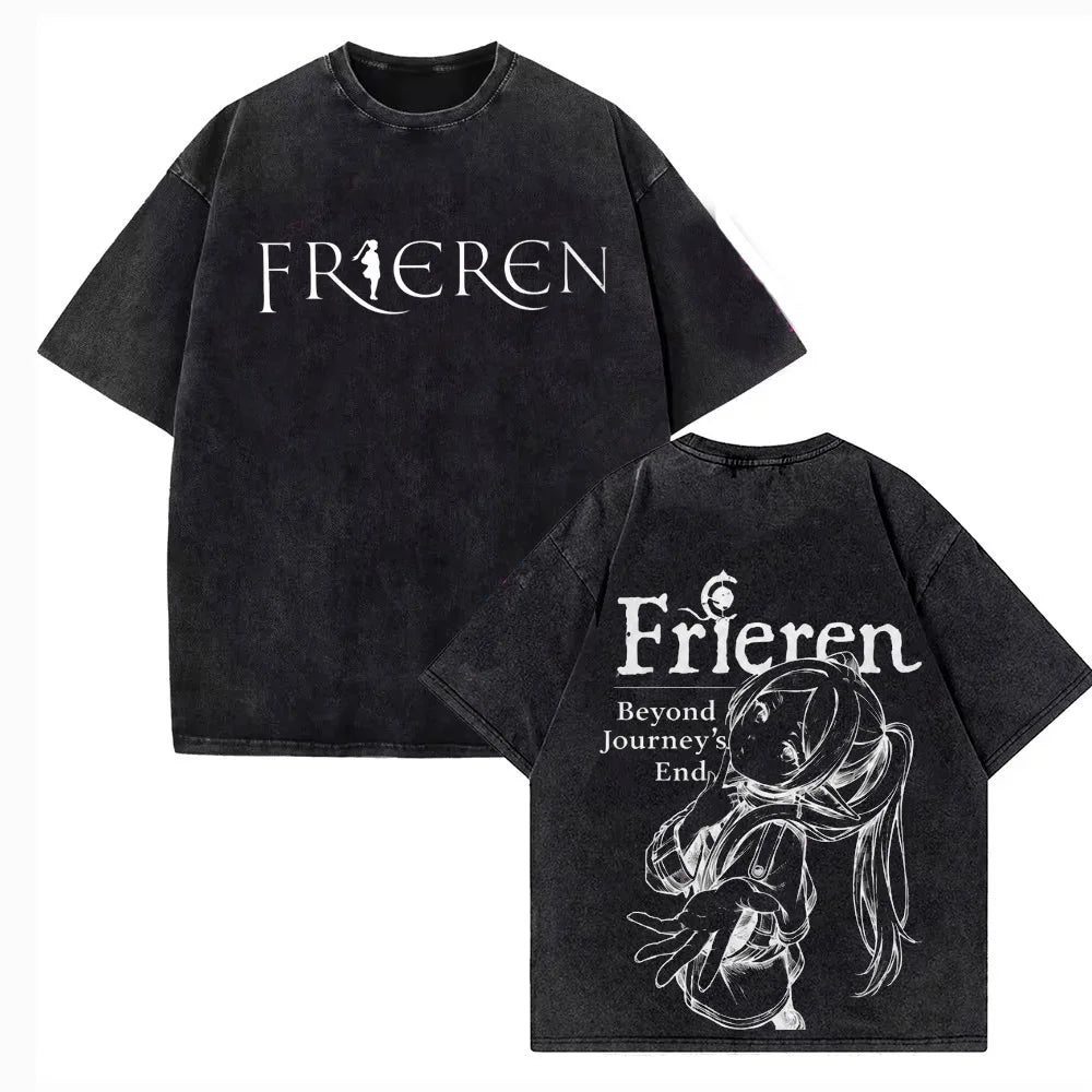 2026 Japanese Anime Frieren Beyond Journey's End T Shirt Vintage Washed T-Shirt Men's Clothing Short Sleeve Cotton Tee Tops