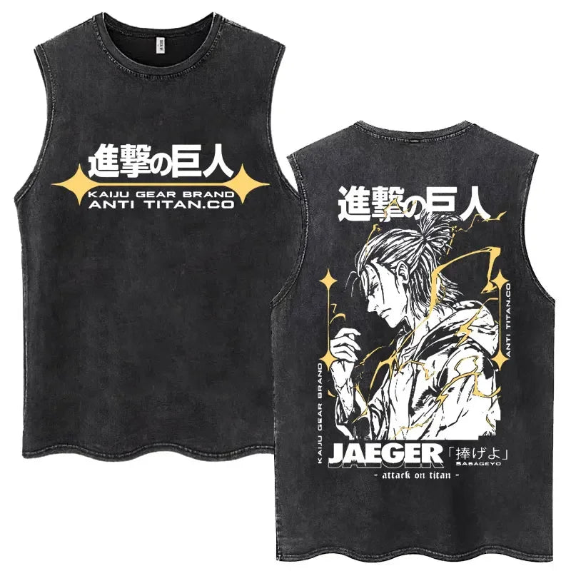 Anime Attack on Titan Eren Jaeger Graphic Vintage Washed Tank Tops Y2k Summer  Loose water washed vest for both men and women