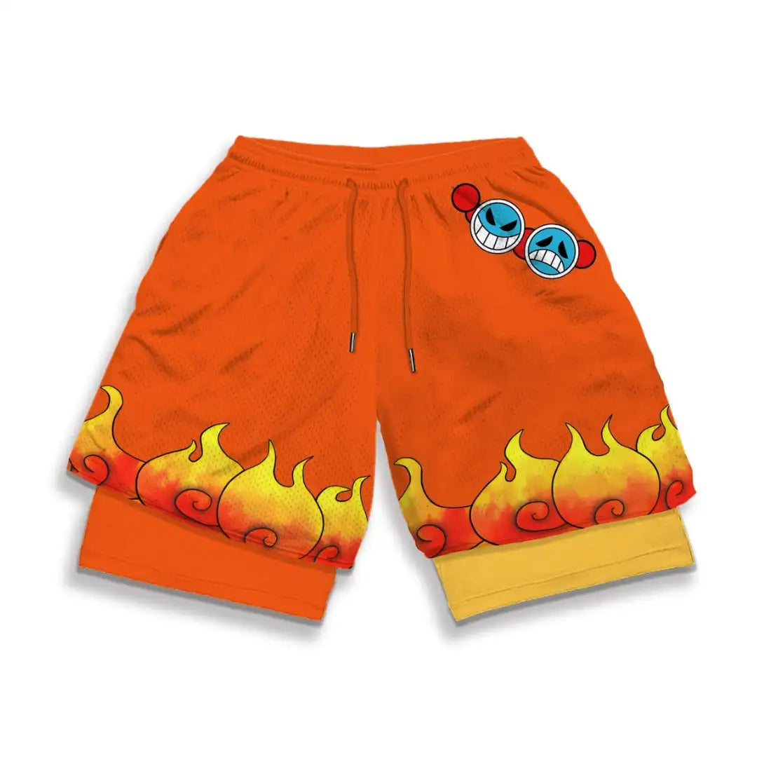 2026 Summer Bandai One Piece Character Symbols Anime Double Layer Fake Two Piece Gym Workout Shorts Quick-dry Comfy Lightweight