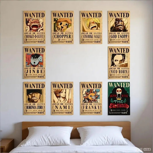 One Pieces 9-13Pcs Set Wanted Vintage Paper Posters Anime Luffy Bedroom Hotel Coffee House Bar Room Wall Deco Posters Toys Gifts