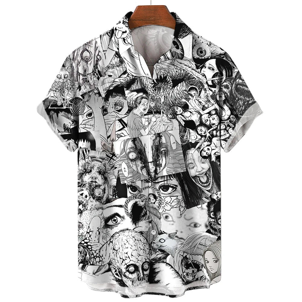 Japanese Anime Pattern Shirts 2023 Summer New men's Shirt 3D Printing Horror Print Hawaiian Clothing Personalized Design Men Top