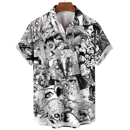 Japanese Anime Pattern Shirts 2023 Summer New men's Shirt 3D Printing Horror Print Hawaiian Clothing Personalized Design Men Top