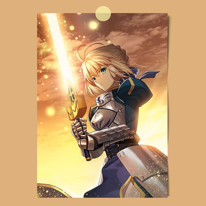AZNM Fate Stay Night Canvas Wall Art, Unlimited Blade Works Saber Rin Tohsaka Shirou Emiya Anime Poster, Frameless Canvas Print,