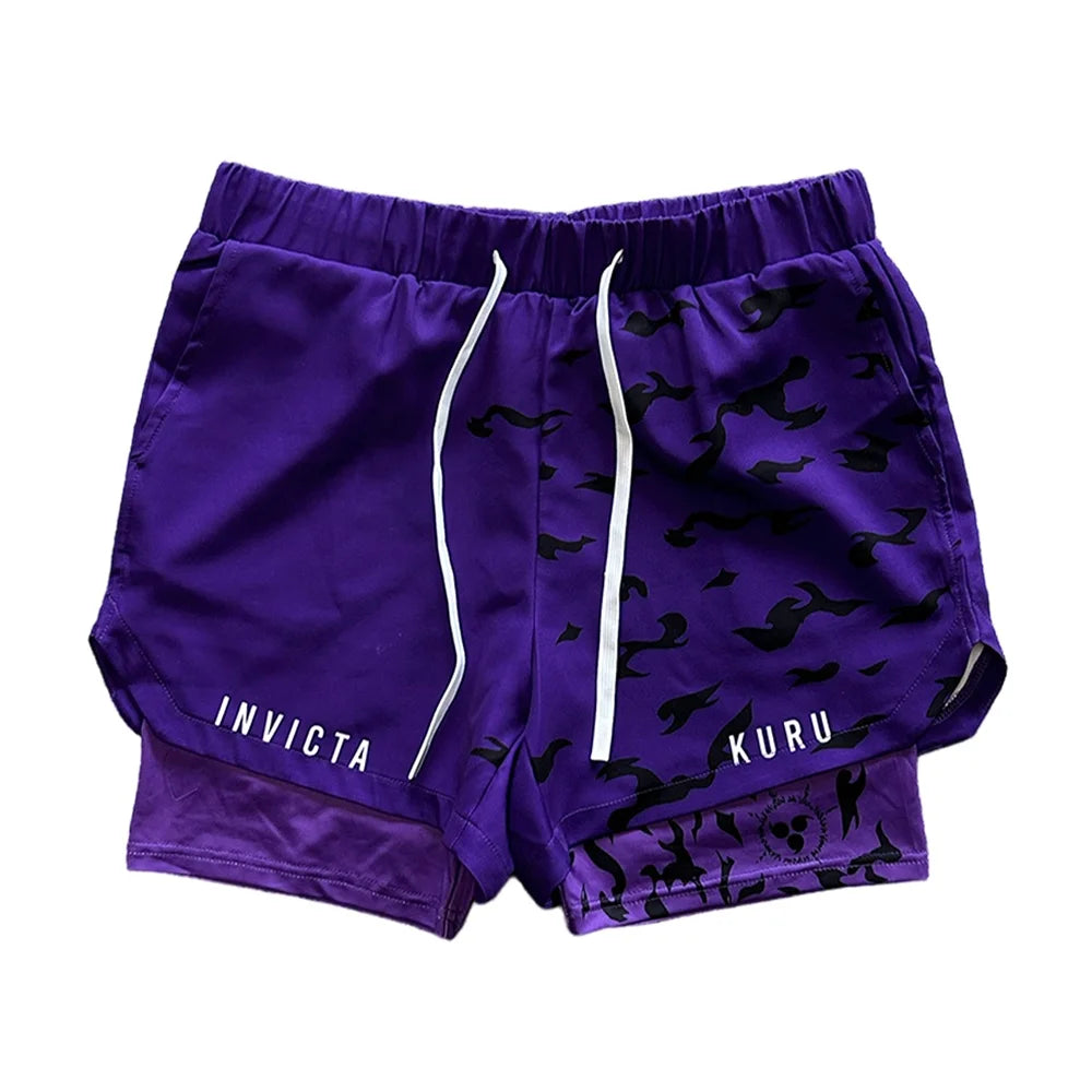 Anime Madara Uchiha Six Paths 2-in-1 Compression Shorts Summer Quick Drying Sport Shorts with Six Tomoe Print Breathable Shorts