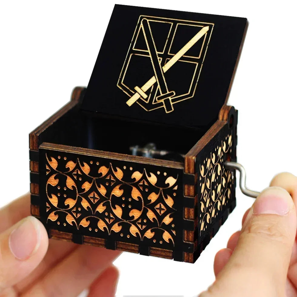 IN STOCK @@Antique carved Wooden Hand Crank Attack on Titan and StarWars Music Box figure Christmas Birthday Gift @@