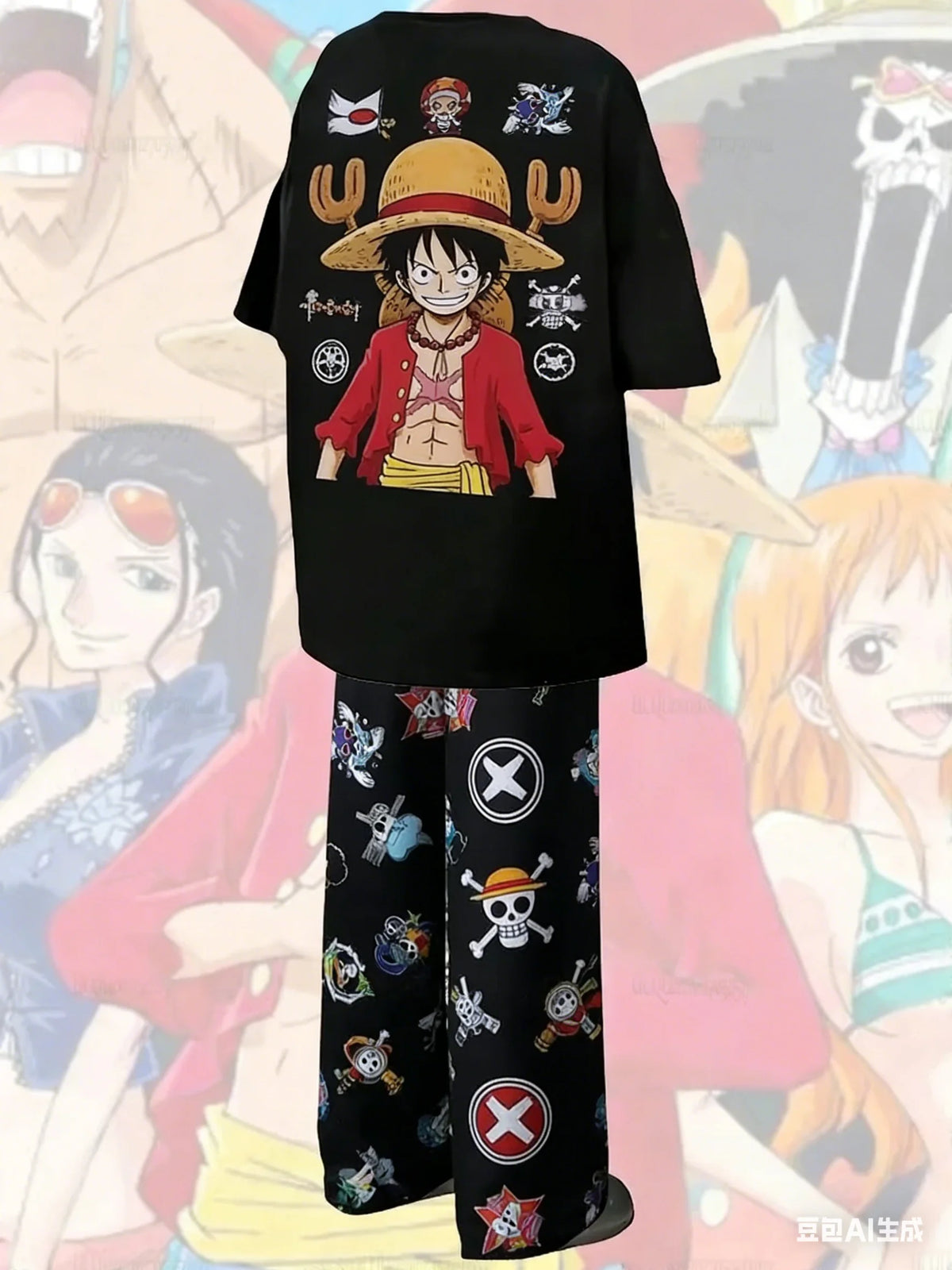 2026 New One Piece Monkey D. Luffy Straw Hat Print Pajama Set T-shirt & Pants Unisex Anime Sleepwear Soft Breathable Loungewear