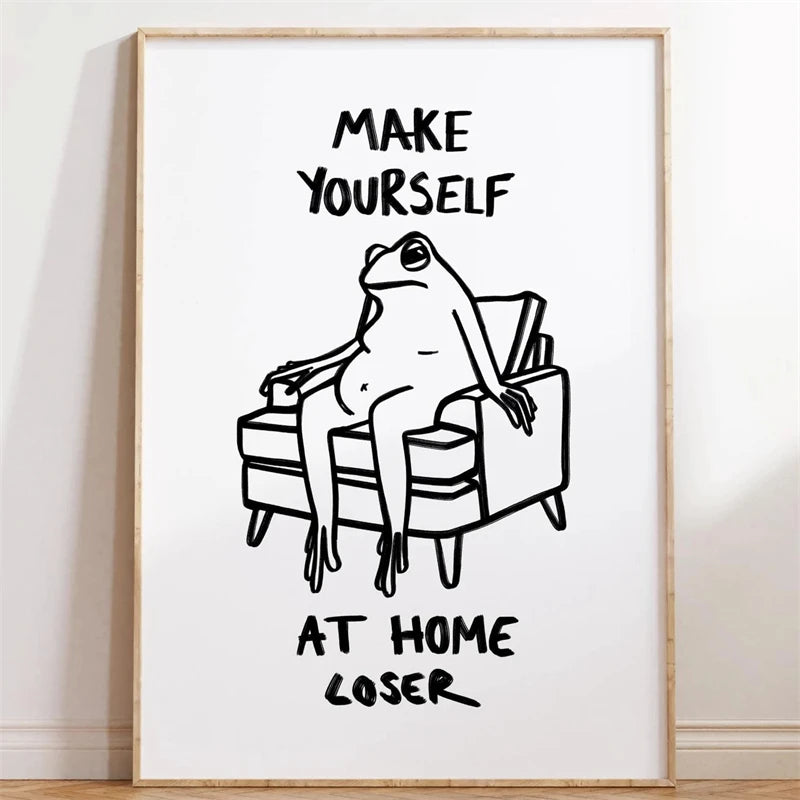 Black and White Humor Poster A Frog Sitting on The Toilet Print Canvas Painting Minimalist Wall Art Picture for Home Decoration