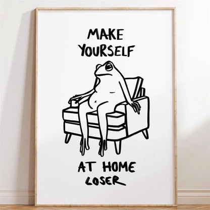 Black and White Humor Poster A Frog Sitting on The Toilet Print Canvas Painting Minimalist Wall Art Picture for Home Decoration
