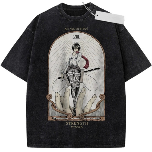Unisex Black Washed Vintage T - Shirt Attack on Titan Strength Mikasa Key Visual High - Quality Fabric for Casual Shopping