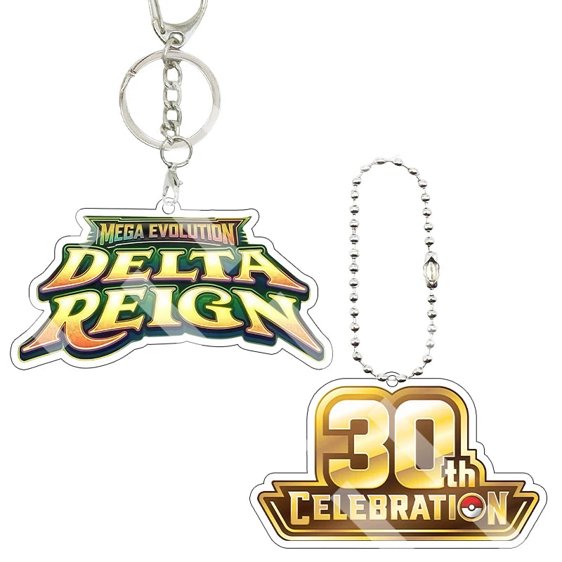 New Anime Pocket Monsters 30th Anniversary Mega Evolution Delta Reign Logo Acrylic Keychain Game Text Sign Keyring Pendant Gifts